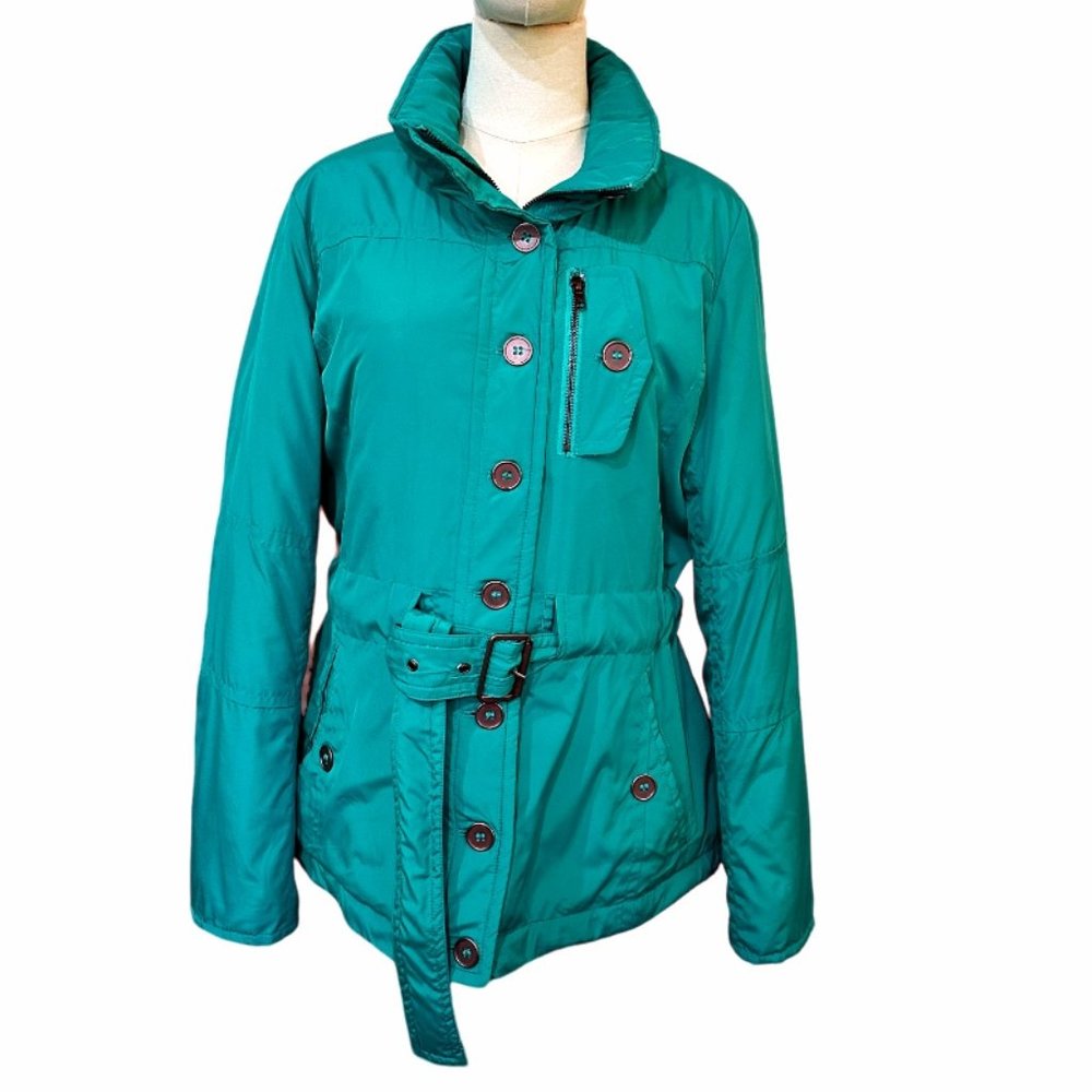 a.n.a. Coat Padded Puffy Size Large Teal Green Quilted Lining Hidden Hood Belted